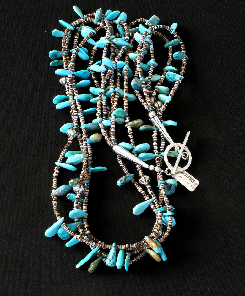 Sleeping Beauty Turquoise Petals 4-Strand Necklace with Oyster Shell Heishi and Sterling Silver Cones and Toggle Clasp