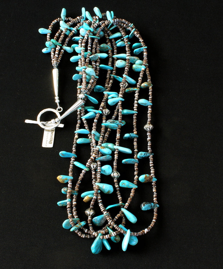 Sleeping Beauty Turquoise Petals 4-Strand Necklace with Oyster Shell Heishi and Sterling Silver Cones and Toggle Clasp