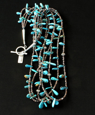 Sleeping Beauty Turquoise Petals 4-Strand Necklace with Oyster Shell Heishi and Sterling Silver Cones and Toggle Clasp