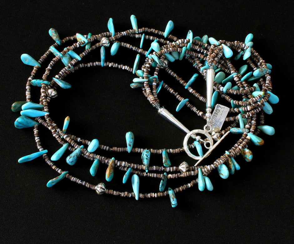 Sleeping Beauty Turquoise Petals 4-Strand Necklace with Oyster Shell Heishi and Sterling Silver Cones and Toggle Clasp