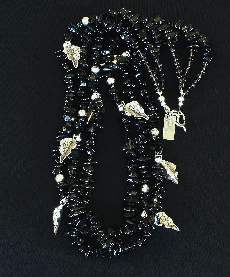 Smoky Quartz Chip3-Strand Necklace with Sterling Silver Leaf Charms, Beads and Toggle Clasp