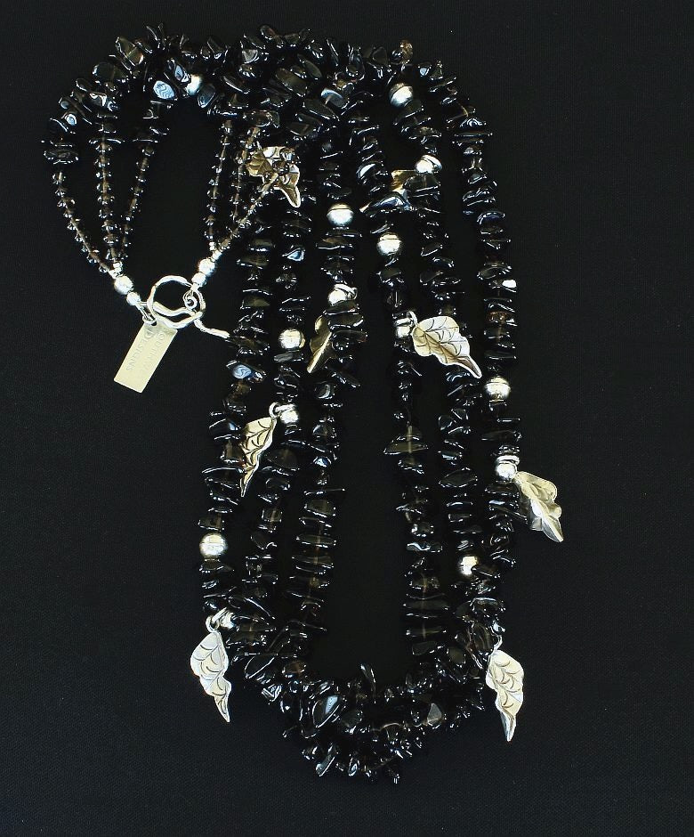 Smoky Quartz Chip3-Strand Necklace with Sterling Silver Leaf Charms, Beads and Toggle Clasp