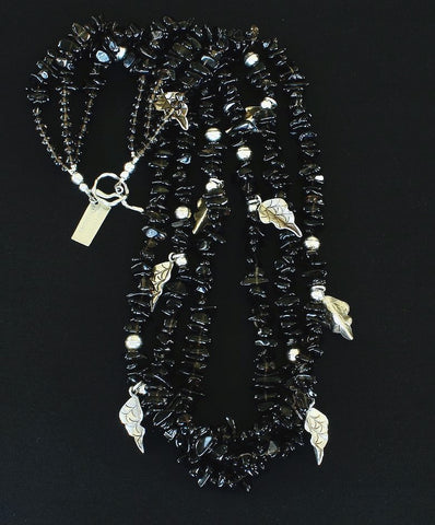 Smoky Quartz Chip3-Strand Necklace with Sterling Silver Leaf Charms, Beads and Toggle Clasp