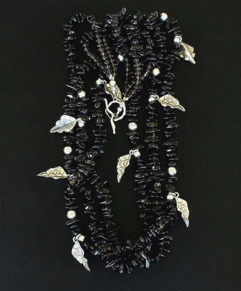 Smoky Quartz Chip3-Strand Necklace with Sterling Silver Leaf Charms, Beads and Toggle Clasp