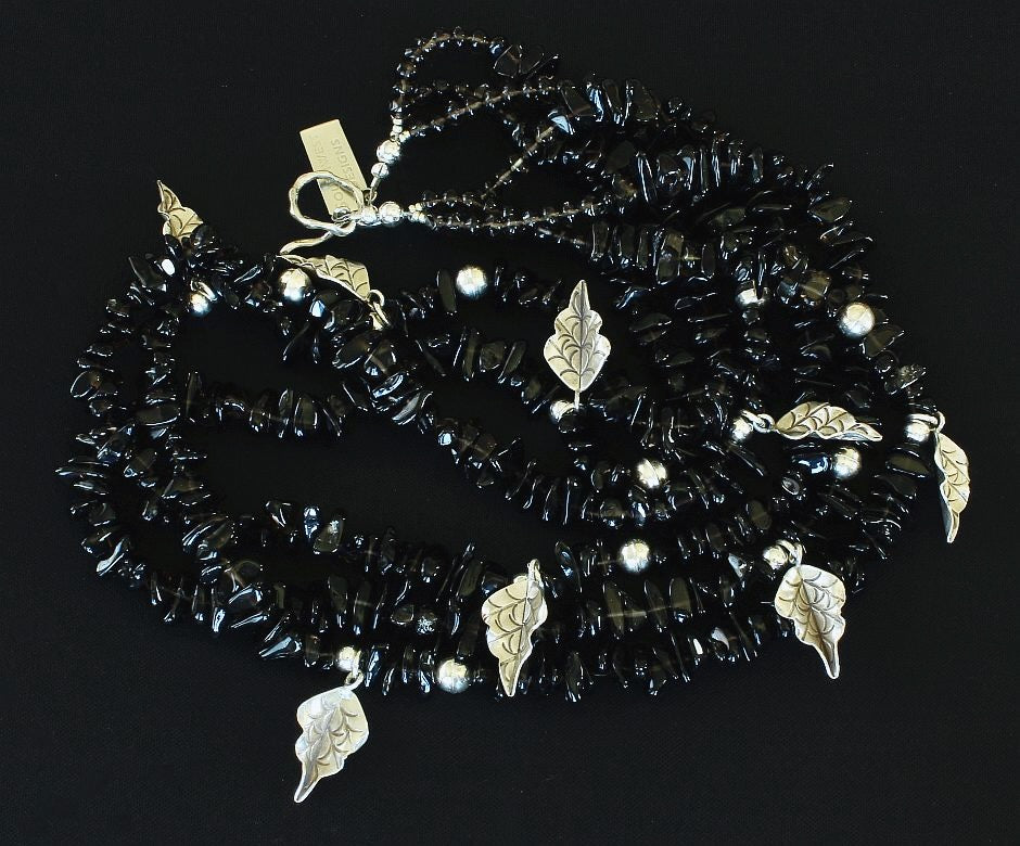 Smoky Quartz Chip3-Strand Necklace with Sterling Silver Leaf Charms, Beads and Toggle Clasp