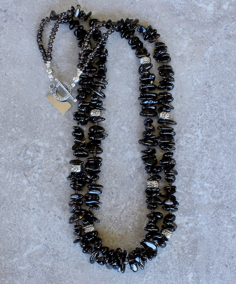 Smoky Quartz Nuggets 2-Strand Necklace with Smoky Quartz Rounds & Rondelles, Silver-Hued Ornate Pewter Cylinders, and a Sterling Silver Toggle Clasp