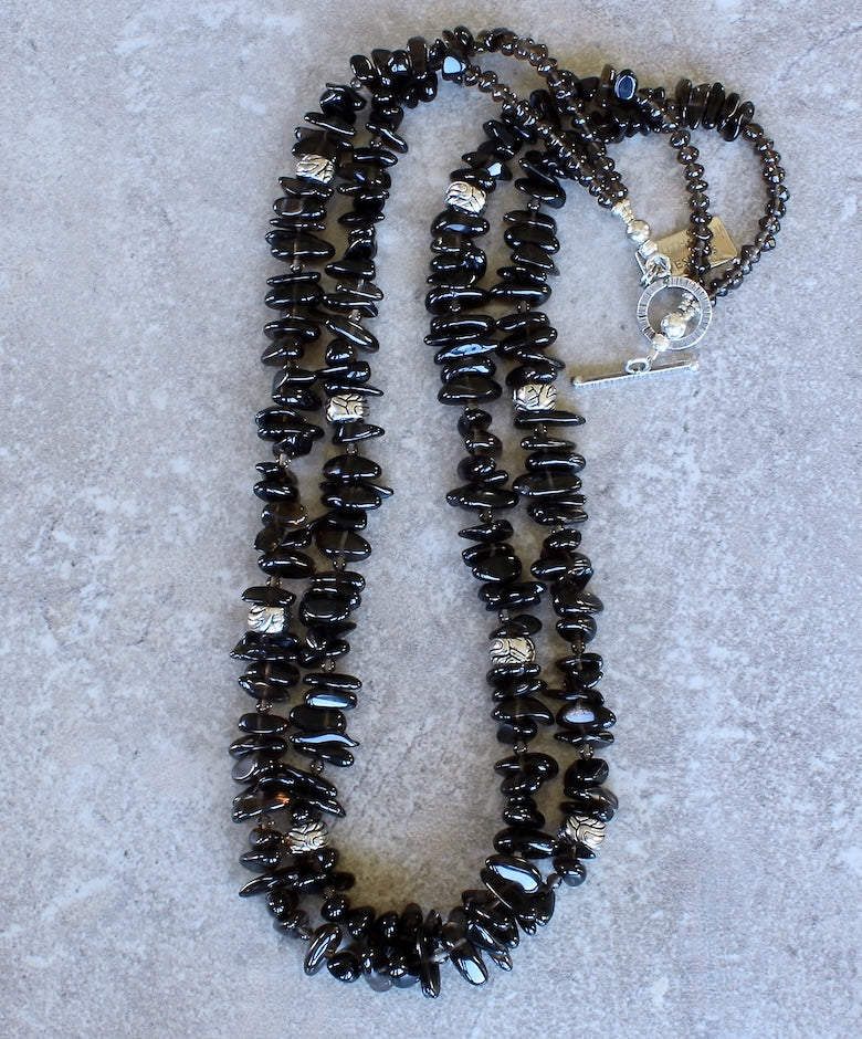 Smoky Quartz Nuggets 2-Strand Necklace with Smoky Quartz Rounds & Rondelles, Silver-Hued Ornate Pewter Cylinders, and a Sterling Silver Toggle Clasp
