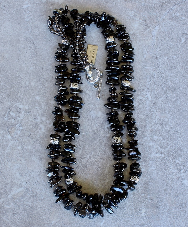 Smoky Quartz Nuggets 2-Strand Necklace with Smoky Quartz Rounds & Rondelles, Silver-Hued Ornate Pewter Cylinders, and a Sterling Silver Toggle Clasp