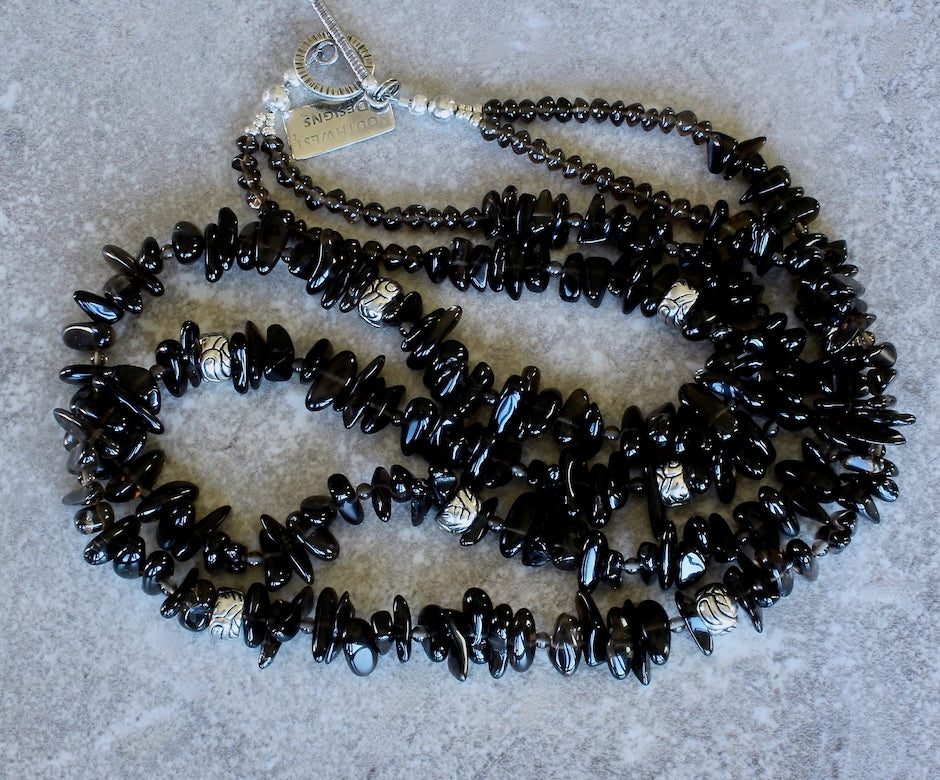 Smoky Quartz Nuggets 2-Strand Necklace with Smoky Quartz Rounds & Rondelles, Silver-Hued Ornate Pewter Cylinders, and a Sterling Silver Toggle Clasp
