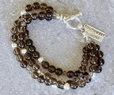 Smoky Quartz Rounds 3-Strand Bracelet with Crystal and Sterling Silver