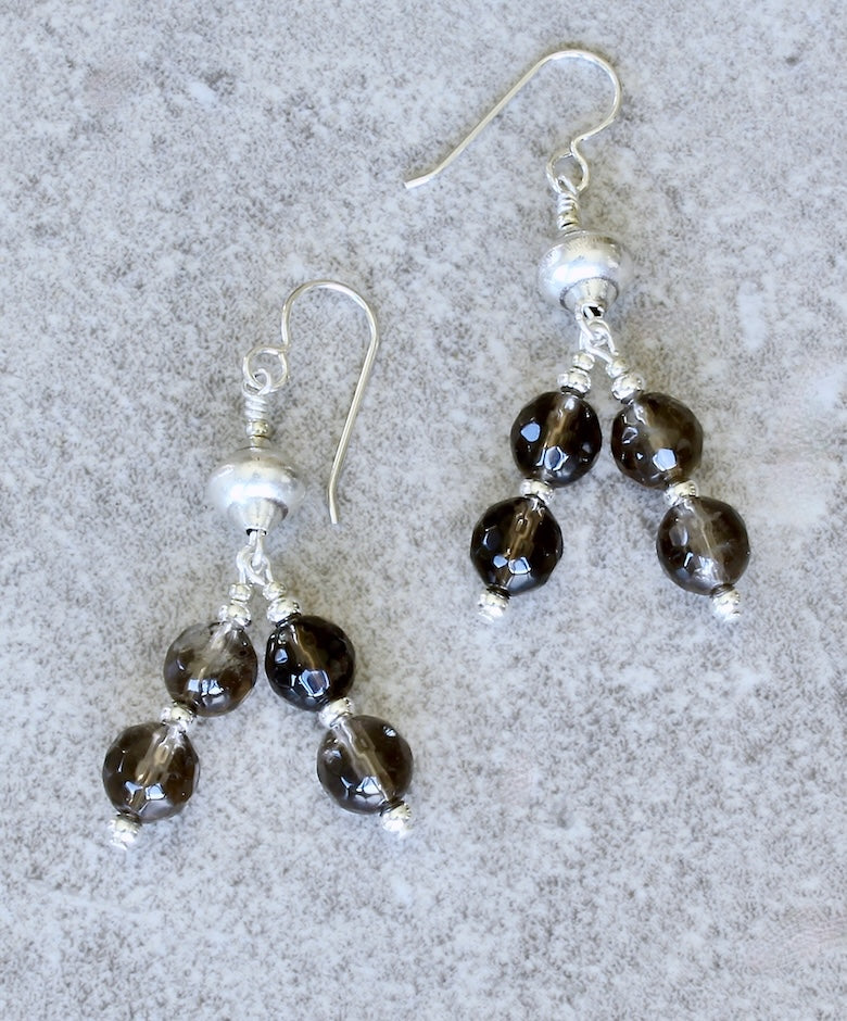 Smoky Quartz Faceted Rounds 2-Dangle Earrings with Sterling Silver Urn Beads & Earring Wires