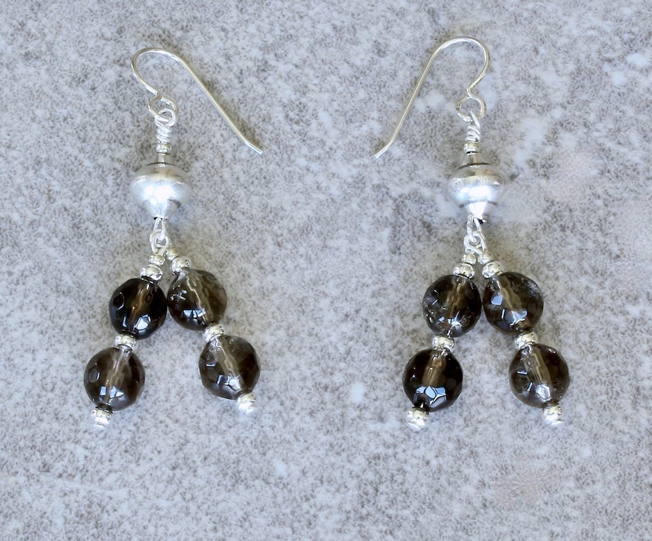 Smoky Quartz Faceted Rounds 2-Dangle Earrings with Sterling Silver Urn Beads & Earring Wires
