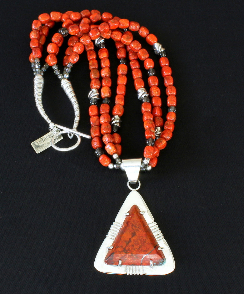 Sonora Sunset and Sterling Silver Post-Set Pendant with 3 Strands of Apple Coral, Smoky Quartz, and Sterling Silver Beads, Cones & Toggle Clasp
