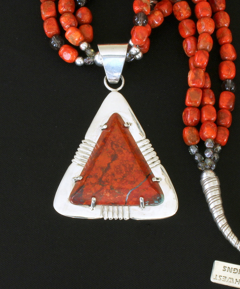 Sonora Sunset and Sterling Silver Post-Set Pendant with 3 Strands of Apple Coral, Smoky Quartz, and Sterling Silver Beads, Cones & Toggle Clasp