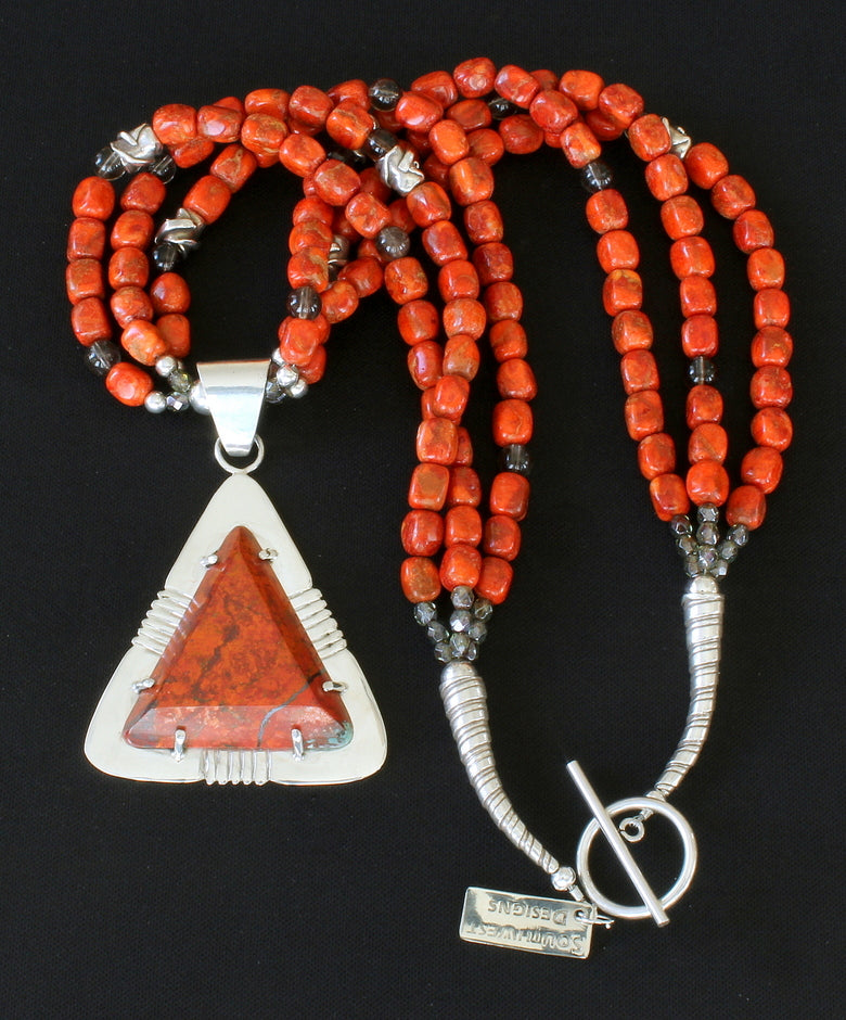 Sonora Sunset and Sterling Silver Post-Set Pendant with 3 Strands of Apple Coral, Smoky Quartz, and Sterling Silver Beads, Cones & Toggle Clasp
