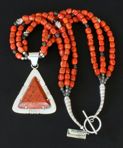 Sonora Sunset and Sterling Silver Post-Set Pendant with 3 Strands of Apple Coral, Smoky Quartz, and Sterling Silver Beads, Cones & Toggle Clasp