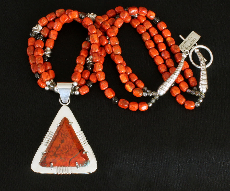 Sonora Sunset and Sterling Silver Post-Set Pendant with 3 Strands of Apple Coral, Smoky Quartz, and Sterling Silver Beads, Cones & Toggle Clasp