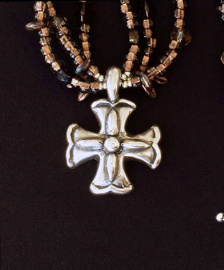 Sparkling Brown Glass 3-Strand Rondelle Bead Necklace with a Sterling Silver Cross Pendant and Sterling Toggle Clasp