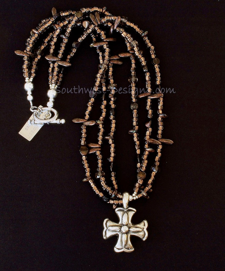 Sparkling Brown Glass 3-Strand Rondelle Bead Necklace with a Sterling Silver Cross Pendant and Sterling Toggle Clasp