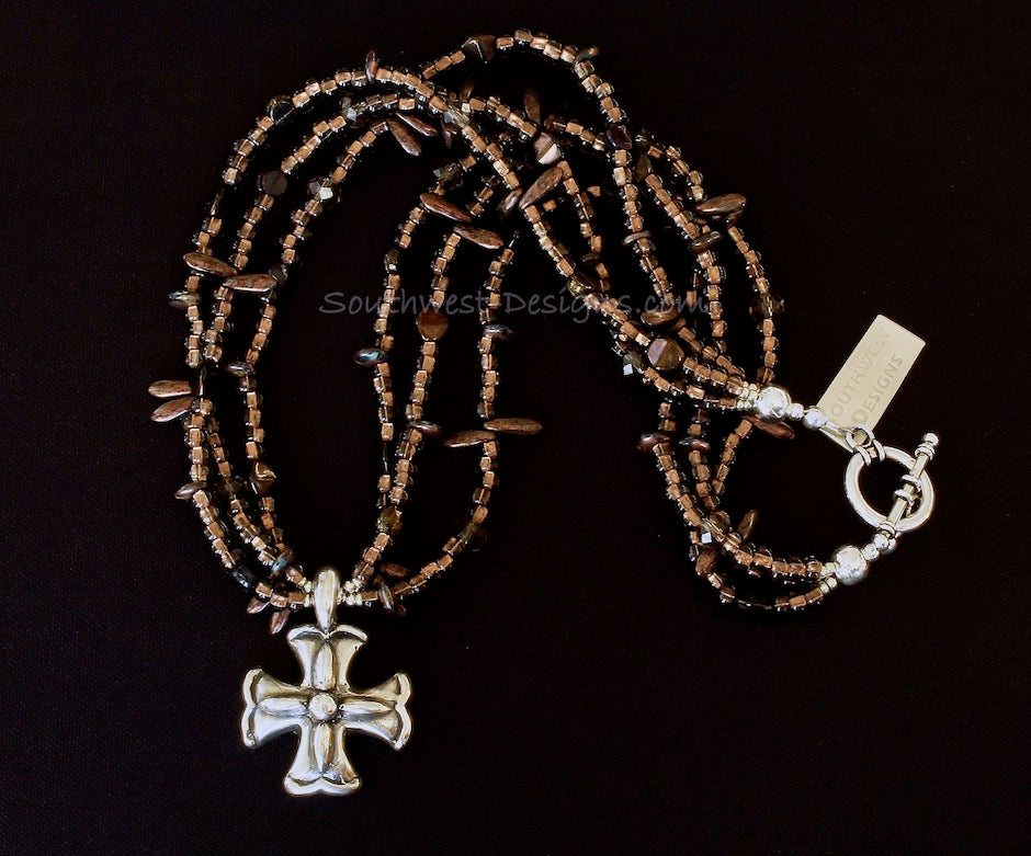 Sparkling Brown Glass 3-Strand Rondelle Bead Necklace with a Sterling Silver Cross Pendant and Sterling Toggle Clasp