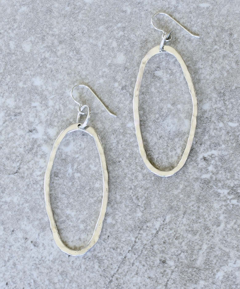 Hammered Sterling Silver Long Oval Earrings with Sterling Silver Earring Wires