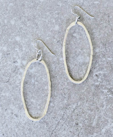 Hammered Sterling Silver Long Oval Earrings with Sterling Silver Earring Wires