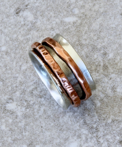 Handcrafted Sterling Silver Band Ring with 2 Hammered Copper Spinners
