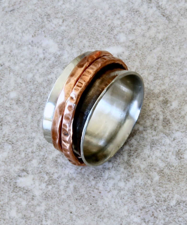 Handcrafted Sterling Silver Band Ring with 2 Hammered Copper Spinners