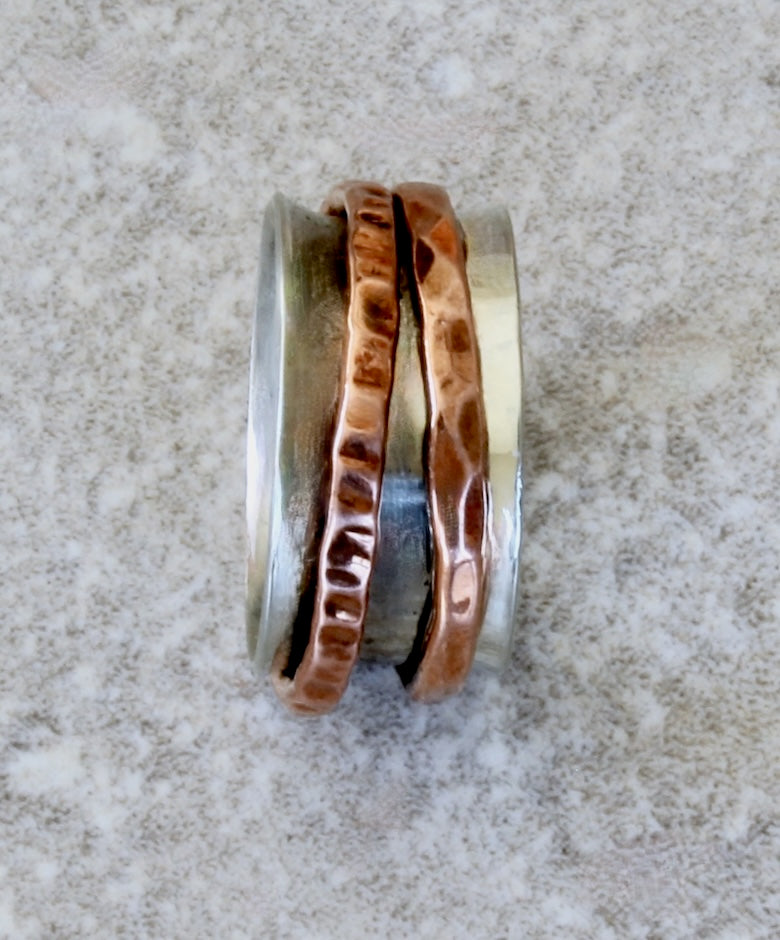 Handcrafted Sterling Silver Band Ring with 2 Hammered Copper Spinners