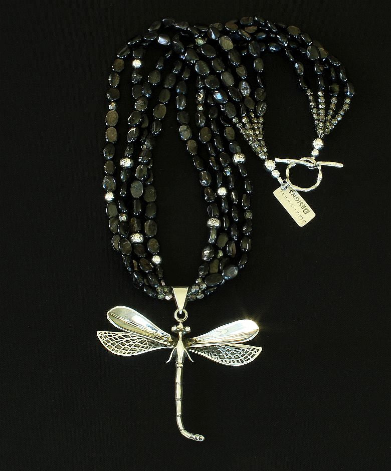 Sterling Silver Dragonfly Pendant with 4 Strands of Black Hypersthene Ovals and Sterling Silver Beads & Toggle Clasp
