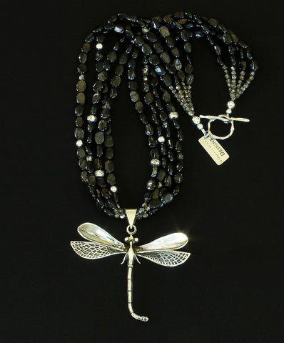 Sterling Silver Dragonfly Pendant with 4 Strands of Black Hypersthene Ovals and Sterling Silver Beads & Toggle Clasp