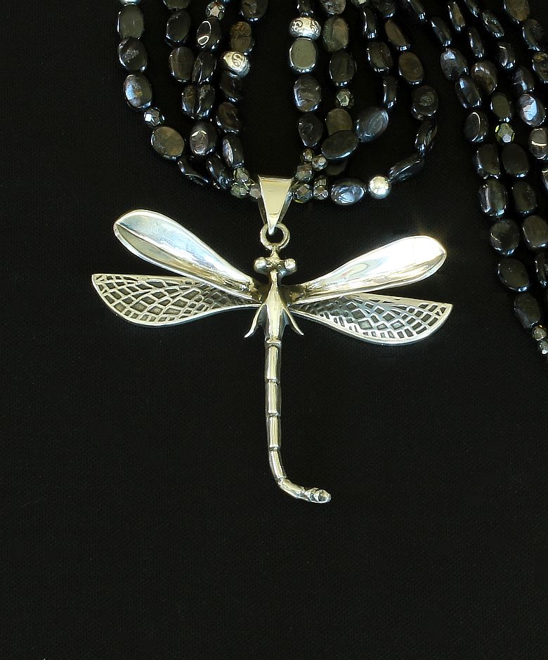 Sterling Silver Dragonfly Pendant with 4 Strands of Black Hypersthene Ovals and Sterling Silver Beads & Toggle Clasp