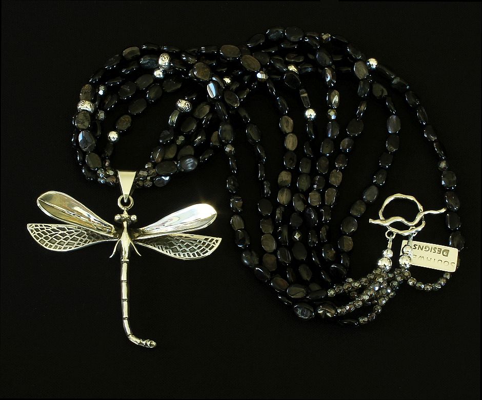 Sterling Silver Dragonfly Pendant with 4 Strands of Black Hypersthene Ovals and Sterling Silver Beads & Toggle Clasp
