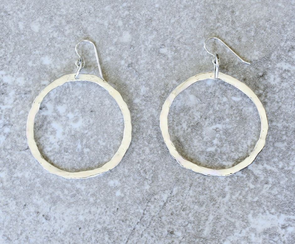 Hammered Sterling Silver Large Hoop Earrings with Sterling Silver Earring Wires