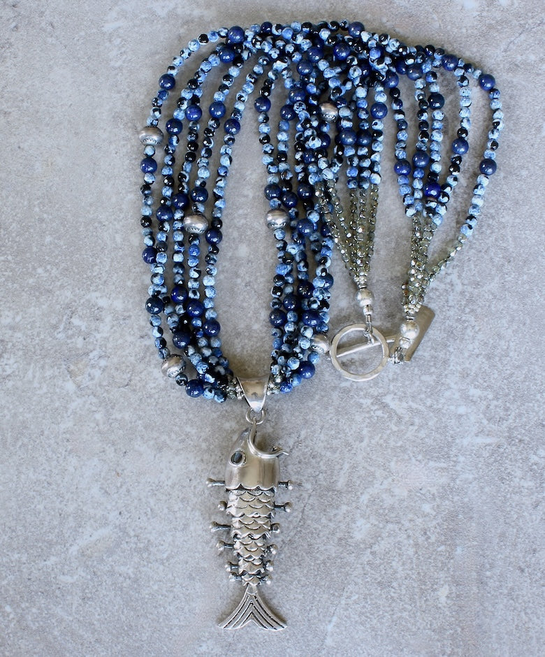 Sterling Silver Reticulated Fish Pendant with 5 Strands of Blue Tiger Eye Faceted Rounds, Lapis Rounds, Czech Glass and Sterling