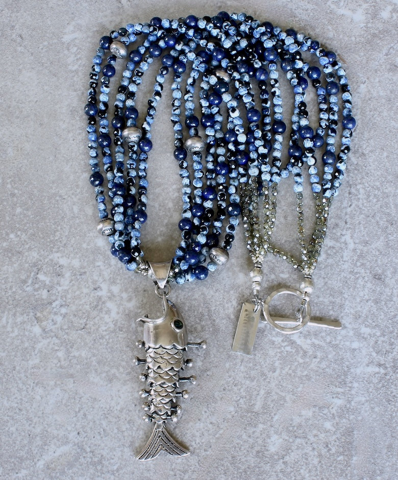 Sterling Silver Reticulated Fish Pendant with 5 Strands of Blue Tiger Eye Faceted Rounds, Lapis Rounds, Czech Glass and Sterling