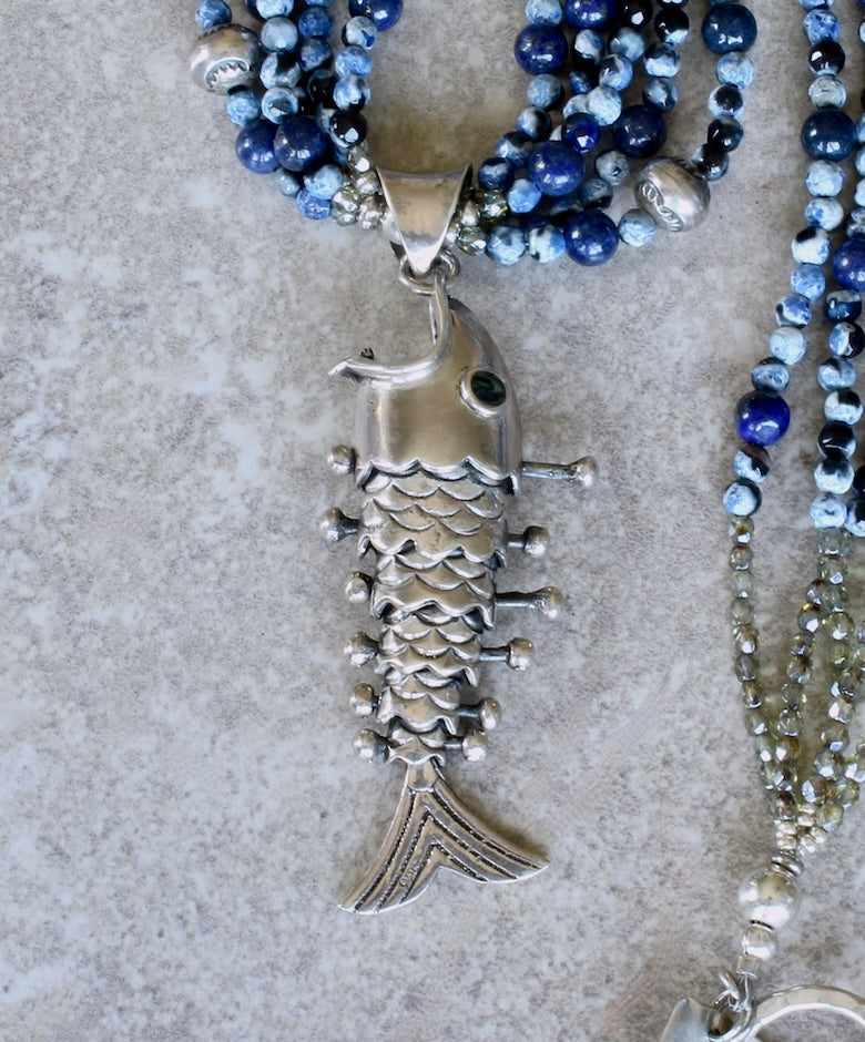 Sterling Silver Reticulated Fish Pendant with 5 Strands of Blue Tiger Eye Faceted Rounds, Lapis Rounds, Czech Glass and Sterling