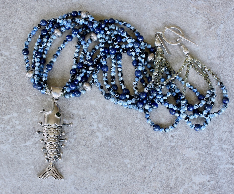Sterling Silver Reticulated Fish Pendant with 5 Strands of Blue Tiger Eye Faceted Rounds, Lapis Rounds, Czech Glass and Sterling