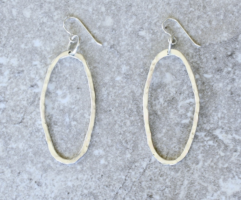 Hammered Sterling Silver Long Oval Earrings with Sterling Silver Earring Wires