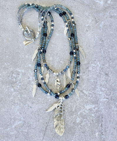 Czech Glass 3-Strand Necklace with a Silver Feather Pendant, 12 Silver Feather Charms, and a Silver Toggle Clasp