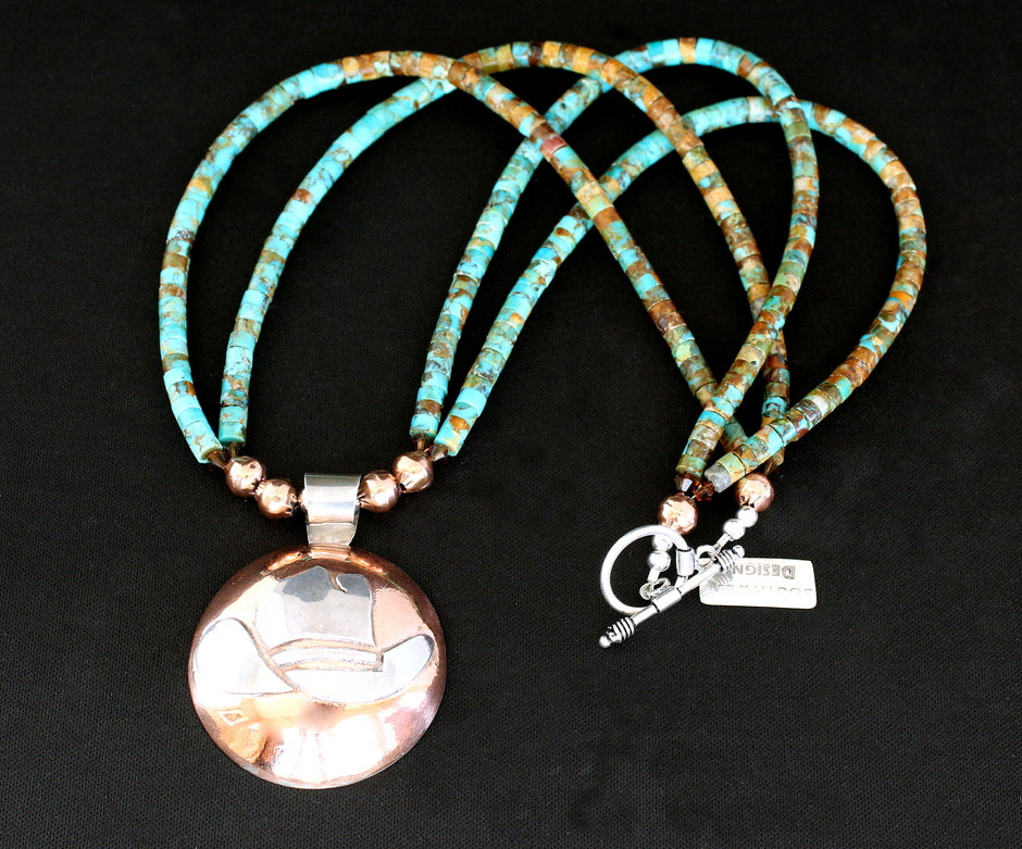 Sterling Silver and Copper Domed Cowboy Hat Pendant with 2 Strands of Kingman Turquoise Heishi and a Sterling Silver Toggle Clasp