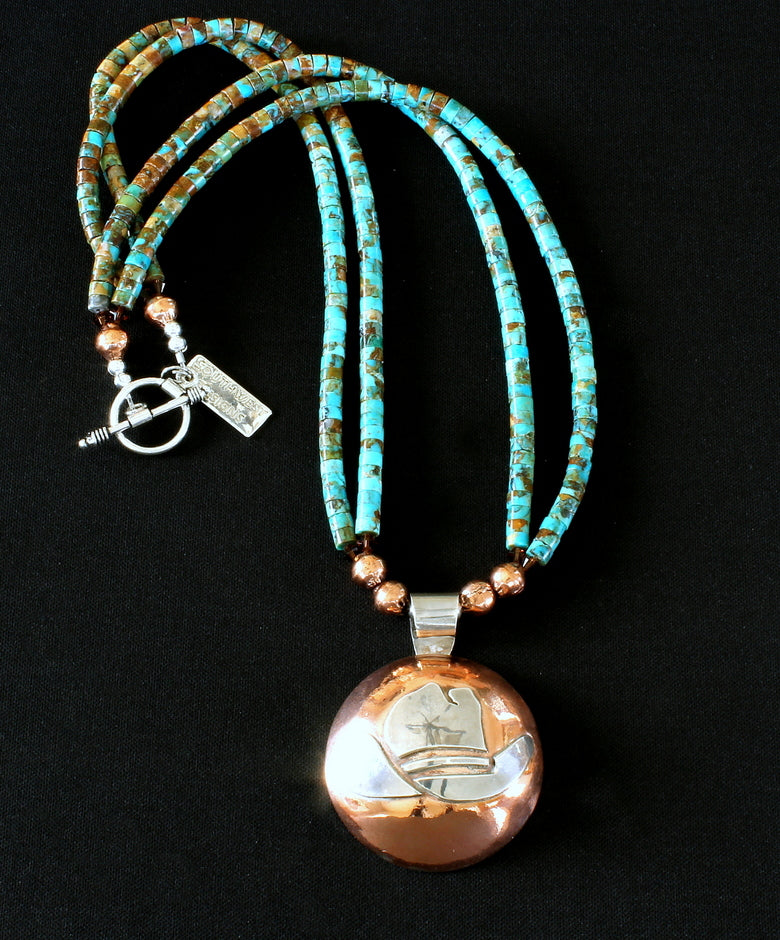 Sterling Silver and Copper Domed Cowboy Hat Pendant with 2 Strands of Kingman Turquoise Heishi and a Sterling Silver Toggle Clasp