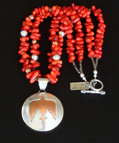 48mm Sterling & Copper Domed Thunderbird Pendant with 2 Strands of Bamboo Coral, Czech Glass and Sterling Silver