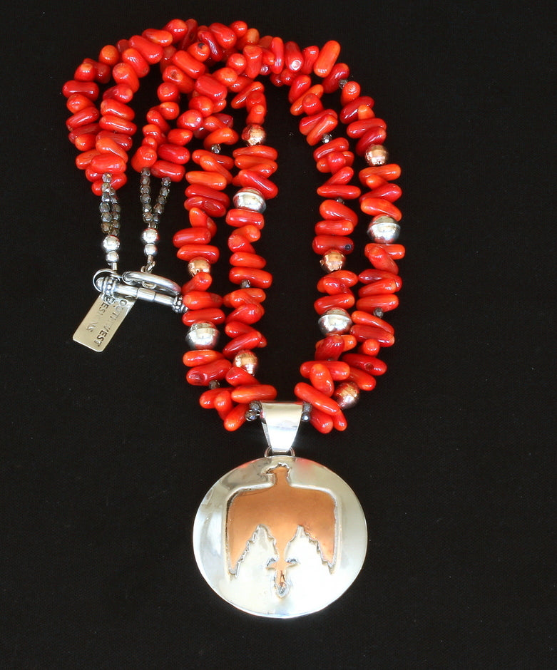 48mm Sterling & Copper Domed Thunderbird Pendant with 2 Strands of Bamboo Coral, Czech Glass and Sterling Silver
