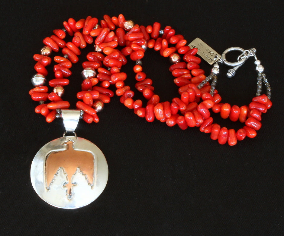 48mm Sterling & Copper Domed Thunderbird Pendant with 2 Strands of Bamboo Coral, Czech Glass and Sterling Silver