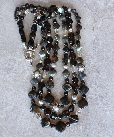 Tortoise Turquoise Diamonds & Smoky Quartz 3-Strand Necklace with Sterling Silver