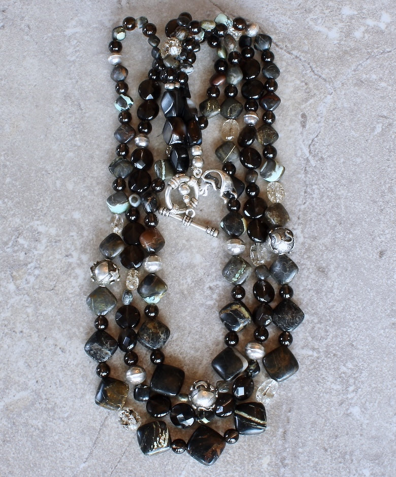 Tortoise Turquoise Diamonds & Smoky Quartz 3-Strand Necklace with Sterling Silver