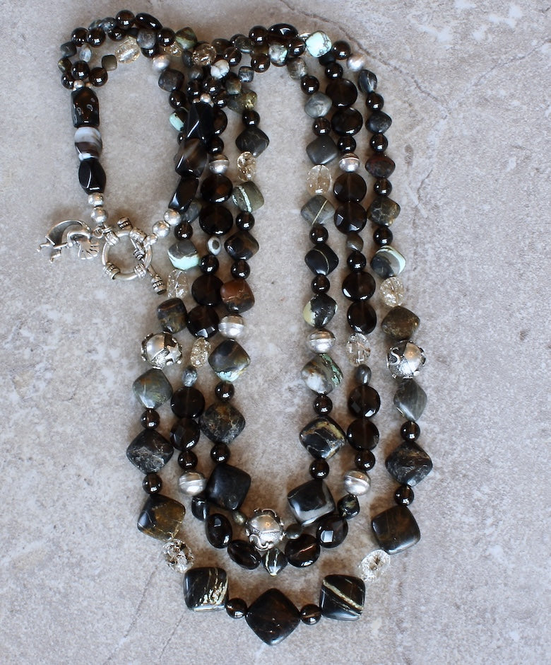 Tortoise Turquoise Diamonds & Smoky Quartz 3-Strand Necklace with Sterling Silver