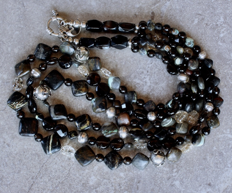 Tortoise Turquoise Diamonds & Smoky Quartz 3-Strand Necklace with Sterling Silver