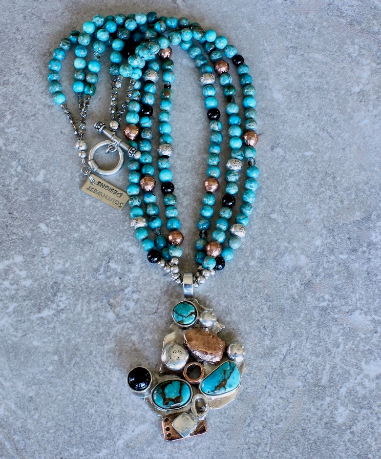 Turquoise, Sterling, Copper & Onyx Art Pendant with 3 Strands of Imperial Jasper Rounds, Czech Fire Polished Glass, Onyx, Copper & Sterling